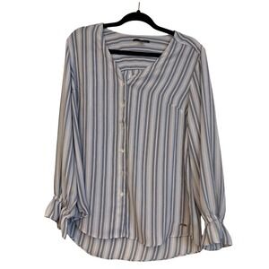 T Tahari Womens Blue Striped V-Neck Button Front Blouse Ruffle Cuff Large